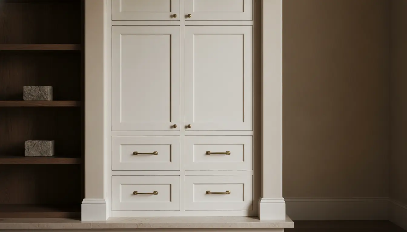 Custom built-in cabinetry with aged brass pulls and a mitred crown detail — illustrative