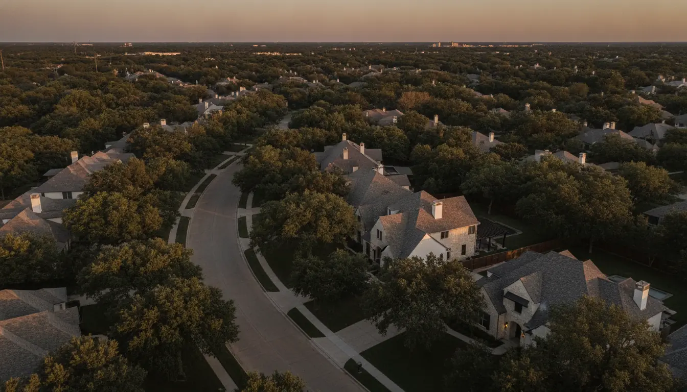 North Texas residential neighbourhood from the air at last light — illustrative