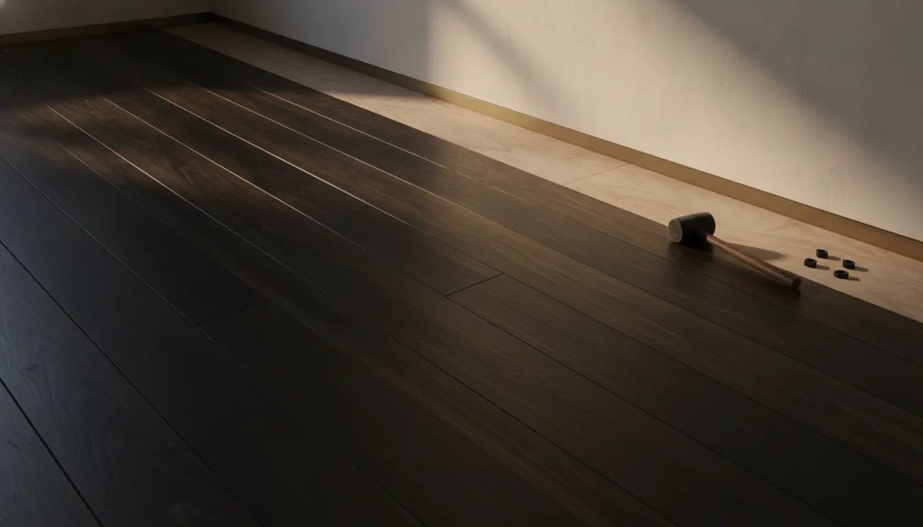 Wide-plank flooring running unbroken between two rooms